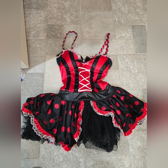 Queen Of Hearts Costume Small Red and Black Polka Dot Dress Mini Corset - Picture 2 of 10